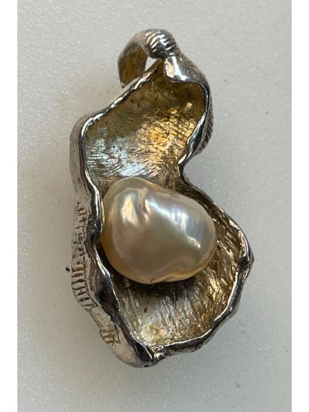 Vintage Mid Century Egyptian Silver Brutalist Oyster Shell Baroque Pearl Pendant